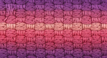 Closeup of a woven rug with a gradient of purple, pink, and orange colors, creating a textured and vibrant pattern for backgrounds