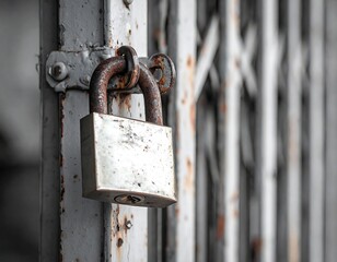 Close-up of a rusty padlock securing a sliding metal gate