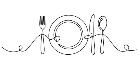 Single line art illustration of dining plate and cutlery set. © Icon_gallery