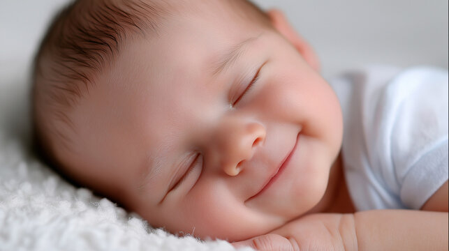 Schlafendes Baby in wei&szlig;er Kleidung auf hellem Untergrund in friedlicher Ruheposition