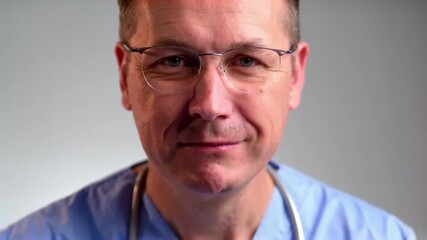 Smiling male doctor in blue scrubs and glasses exudes professionalism and dedication to healthcare and patient care with warm demeanor