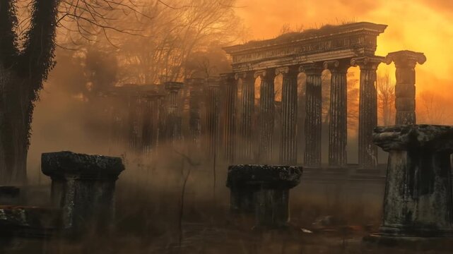 Mysterious ancient temple ruins with classical columns shrouded in fog against a vibrant orange sunset sky, evoking history and decay.