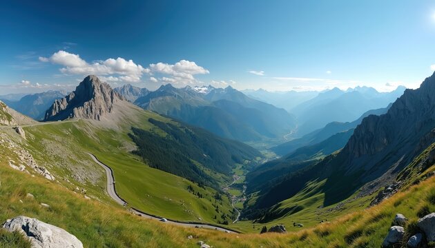 Grand panorama shows majestic Pyrenees mountains in Spain. Winding mountain road descends through green valley. Rocky peaks pierce clear blue sky, idyllic small village dots distant valley floor. - Powered by Adobe