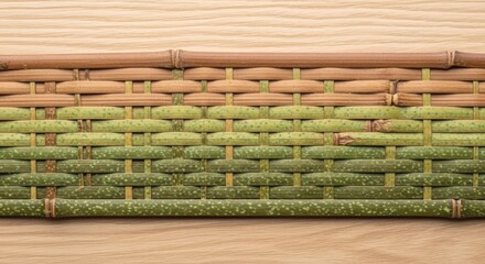 Closeup of a woven bamboo mat with a gradient of green and brown, creating a natural and textured surface for backgrounds and designs