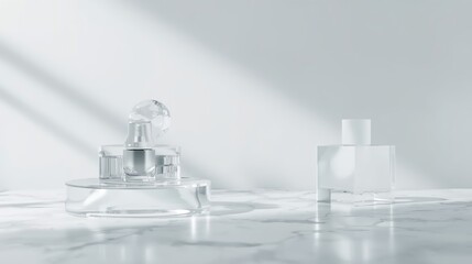 Elegant perfume bottles on marble surface with soft light create a luxurious spa vibe for cosmetic ads or beauty product mockups