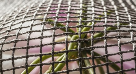 Macro shot of a metal mesh screen with a blurred floral background, creating an artistic and textured composition with depth and contrast