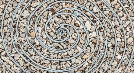 Overhead shot of a spiral pattern made of rope on a surface covered with small stones, creating a textured and natural design element