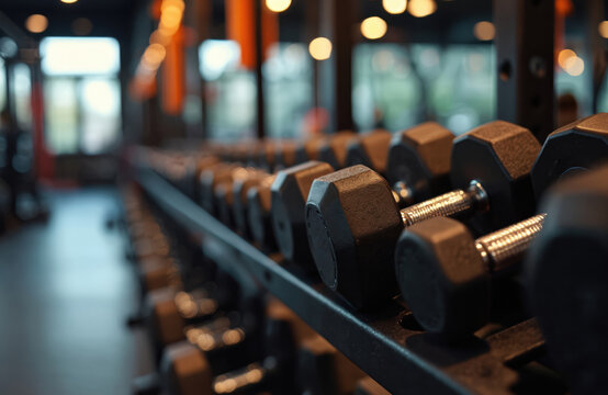 Many dumbbells arranged on rack in gym fitness center. Hexagonal weights ready for workout session, no people visible, equipment for body strength.