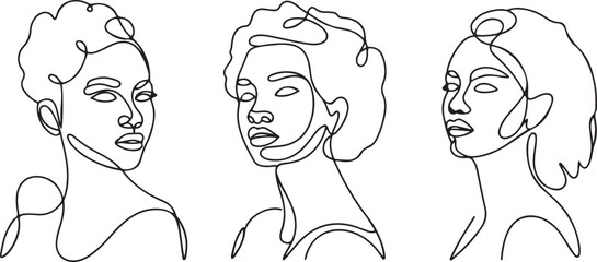 Set of Line art portrait African American women. Continuous one line drawing woman face isolated on white for logo. one line Icon drawing with white background