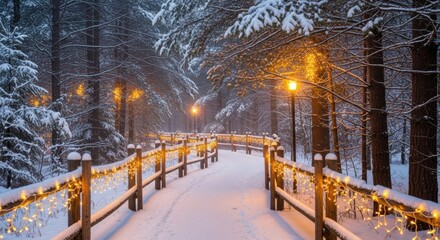 Enchanting winter wonderland scene with snow-covered trees and festive lights illuminating a peaceful path, perfect for holiday promotions and seasonal campaigns