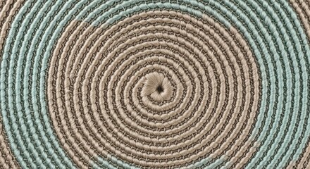 A captivating topdown view of a meticulously crafted spiral rug, showcasing intricate weaving and a harmonious blend of neutral tones and textures