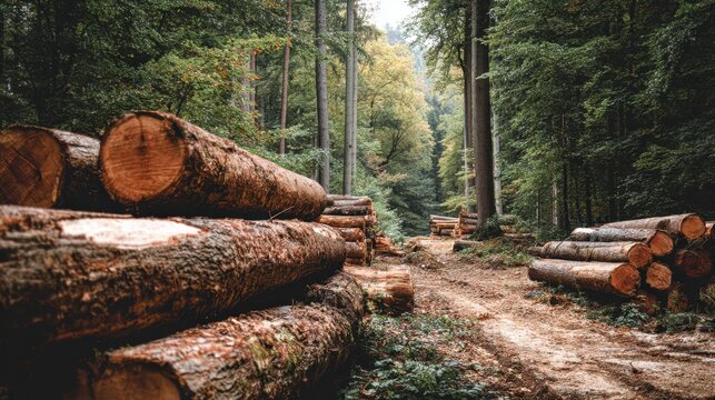 Logs stacked in a serene forest during autumn with colorful leaves and a clearing in the distance showing a dirt path