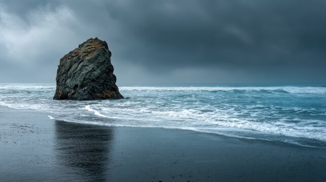 Majestic rocky formation stands tall on a quiet beach under a moody sky during twilight near the ocean waves - Powered by Adobe