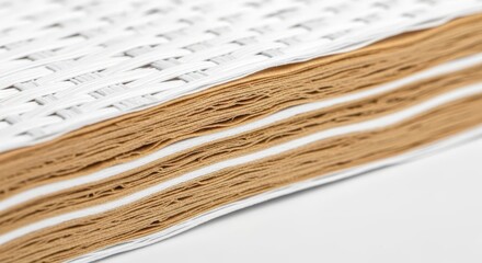 Detailed closeup of the edge of a stack of woven material, showcasing the layered texture and intricate pattern isolated on white background