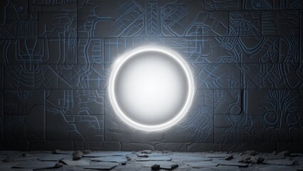 Futuristic Neon Portal in Ancient Stone Wall