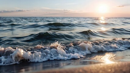 Soft pastel pink hues dance across a serene ocean backdrop, as gentle waves caress the shore in soothing symmetry