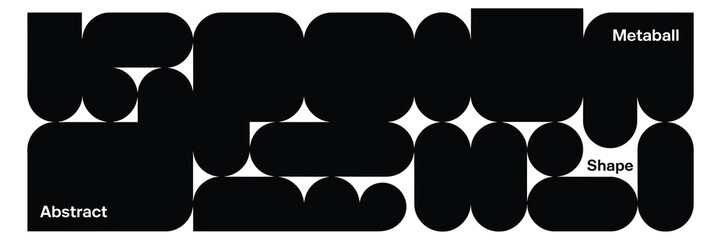 Abstract geometric composition with rounded shapes and metaball effect, dynamic pattern of black elements on white background, modern design concept, visual art