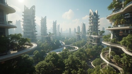 Explore a vibrant, sustainable future city where nature seamlessly blends with futuristic architecture offering a glimpse into tomorrow's urban living