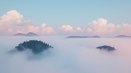 Dreamy landscape with misty mountains and pastel clouds creates a serene and ethereal atmosphere, perfect for wellness, travel, or inspirational concepts