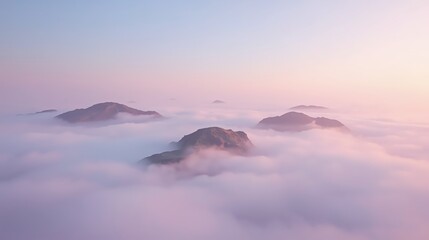 Breathtaking mountain peaks rising above dreamy pastel clouds at sunrise, creating a serene and ethereal landscape with a sense of peace and wonder