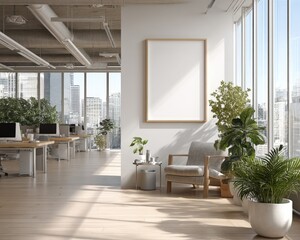 Obraz premium Blank mission statement frame on white wall with greenery in modern open office space