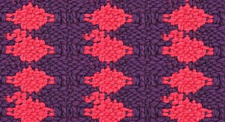 Closeup of a woven fabric with a diamond pattern in red and purple, creating a textured and visually appealing textile design
