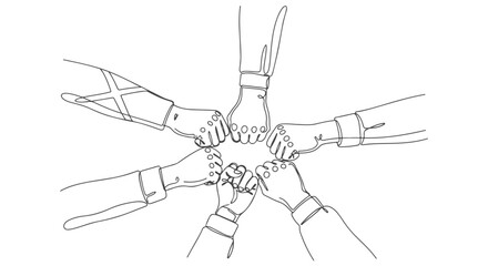 Seamless continuous line illustration of a group of hands joining in a celebratory fist bump, representing collective strength, partnership, and successful collaboration