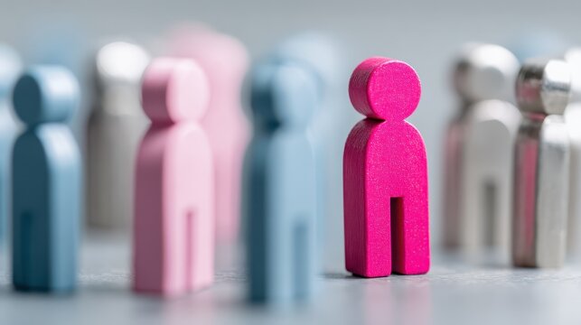 Colorful wooden figures representing individuality and community in a diverse setting