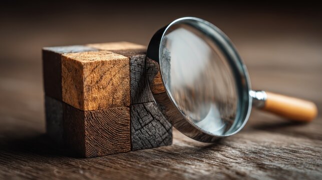 Wooden puzzle cube and magnifying glass resting on a wooden surface, showcasing intricate details and textures of the materials