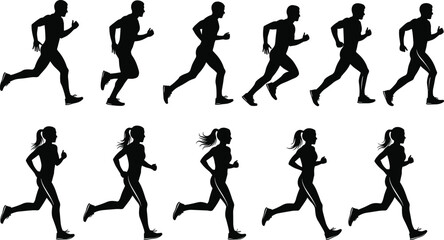 Running silhouette vector set with male and female figures showing dynamic stride phases, athletic motion, and sports biomechanics illustration.