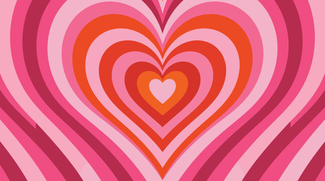 Retro psychedelic concentric heart pattern in pink and orange gradient, vibrant, romantic, abstract background graphic, visual art, love symbol, warm tones, groovy vibes, optical illusion effect