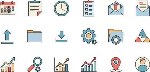 A collection of colorful flat icons representing various business and technology concepts including calendar documents email data analytics and communication tools for digital design and presentations