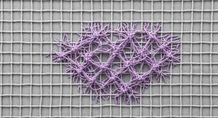 Closeup of a purple latch hook rug, showcasing the intricate knotting and texture of the yarn isolated on white background