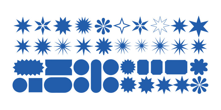 Collection of blue star and abstract geometric shapes, stars with varying points, circles, and rounded rectangles on a white background, graphic design elements