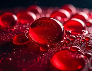 Close-up of glossy, transparent red droplets clustered on a surface
