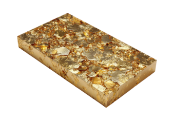 Shiny block, gold flakes trapped within a resinous mass