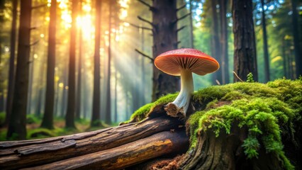 Majestic Lingzhi mushroom colonizes weathered driftwood in a serene forest setting