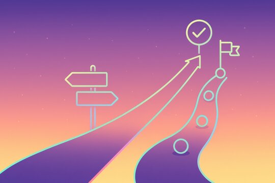 Futuristic abstract visual of a decision making pathway illustrated with guideposts arrows aspirational symbols and colorful gradient sunset backdrop symbolizing clarity and direction