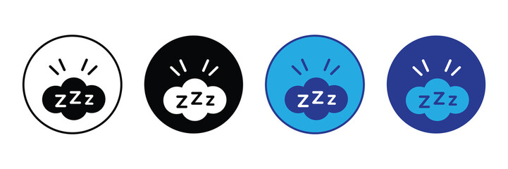 Set of four sleep icons with 'zzz' text on a cloud inside circles, representing slumber, rest, dreams, and tranquility in various color schemes.