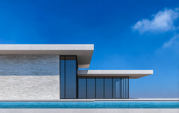 Modern architectural design of a sleek home with a minimalist style near a pool under a clear blue sky