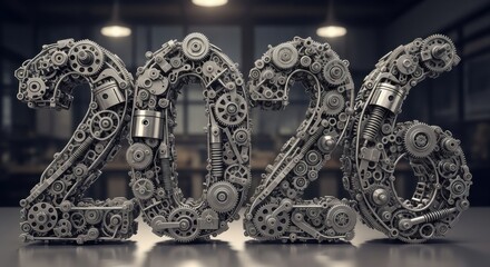 Innovative 2026 design built from intricate gears and mechanical parts for forward-thinking engineering and futuristic concepts in a workshop setting