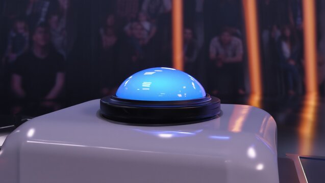 Bright blue buzzer button on a game show set