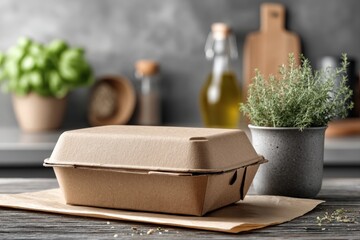 Eco-friendly recycled fiber clamshell with blank belly band on parchment on modern counter