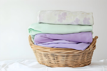 Obraz premium Wicker Laundry Basket Filled With Folded Pastel Clothes