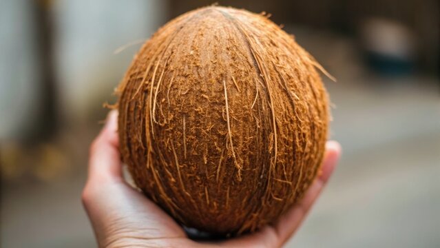 A hand holding a spherical, natural object with a textured, fibrous surface, likely a coconut or similar fruit.