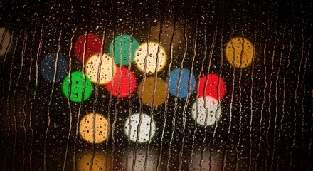 Rainy night city lights creating a dreamy, atmospheric mood through a window, ideal for backgrounds, textures, and creative projects needing a touch of mystery