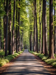 Fototapeta premium A serene forest trail stretches into the distance, lined with towering trees and vibrant foliage in a wideangle panoramic view