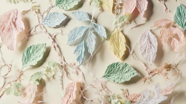 Pastel-colored leaves and vines arranged on a beige background in abstract pattern