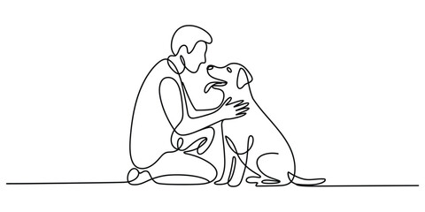 Continuous line art of a person kneeling, petting their happy dog