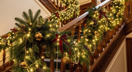 Elegant staircase adorned with festive Christmas garland, sparkling lights, and velvet bows creating a warm and inviting holiday atmosphere at home